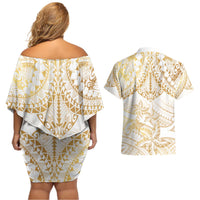 White and Gold Polynesia Couples Matching Off Shoulder Short Dress and Hawaiian Shirt Plumeria Tattoo With Polynesian Pattern