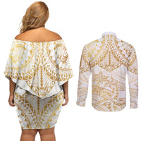 White and Gold Polynesia Couples Matching Off Shoulder Short Dress and Long Sleeve Button Shirt Plumeria Tattoo With Polynesian Pattern