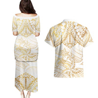 White and Gold Polynesia Couples Matching Puletasi and Hawaiian Shirt Plumeria Tattoo With Polynesian Pattern