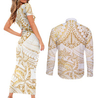 White and Gold Polynesia Couples Matching Short Sleeve Bodycon Dress and Long Sleeve Button Shirt Plumeria Tattoo With Polynesian Pattern