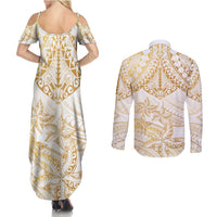 White and Gold Polynesia Couples Matching Summer Maxi Dress and Long Sleeve Button Shirt Plumeria Tattoo With Polynesian Pattern