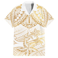 White and Gold Polynesia Family Matching Off Shoulder Short Dress and Hawaiian Shirt Plumeria Tattoo With Polynesian Pattern