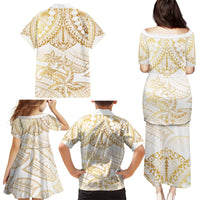 White and Gold Polynesia Family Matching Puletasi and Hawaiian Shirt Plumeria Tattoo With Polynesian Pattern