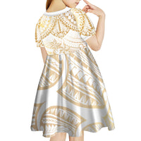 White and Gold Polynesia Kid Short Sleeve Dress Plumeria Tattoo With Polynesian Pattern