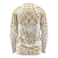White and Gold Polynesia Long Sleeve Shirt Plumeria Tattoo With Polynesian Pattern
