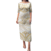 White and Gold Polynesia Puletasi Plumeria Tattoo With Polynesian Pattern