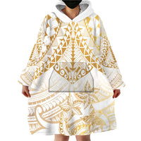 White and Gold Polynesia Wearable Blanket Hoodie Plumeria Tattoo With Polynesian Pattern