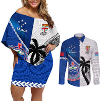Fiji And Samoa Rugby Couples Matching Off Shoulder Short Dress and Long Sleeve Button Shirts 2023 World Cup Samoan Mix Tapa Pattern LT14 Blue - Polynesian Pride