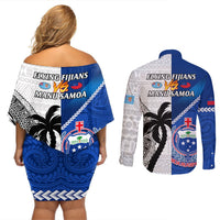 Fiji And Samoa Rugby Couples Matching Off Shoulder Short Dress and Long Sleeve Button Shirts 2023 World Cup Samoan Mix Tapa Pattern LT14 - Polynesian Pride