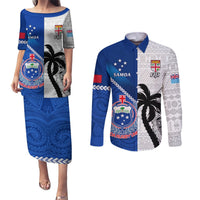 Fiji And Samoa Rugby Couples Matching Puletasi Dress and Long Sleeve Button Shirts 2023 World Cup Samoan Mix Tapa Pattern LT14 Blue - Polynesian Pride