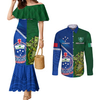 Custom Samoa And Ireland Rugby Couples Matching Mermaid Dress and Long Sleeve Button Shirts 2023 World Cup Manu Samoa With Shamrocks LT14 Blue - Polynesian Pride