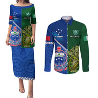 Custom Samoa And Ireland Rugby Couples Matching Puletasi Dress and Long Sleeve Button Shirts 2023 World Cup Manu Samoa With Shamrocks LT14 Blue - Polynesian Pride