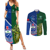 Custom Samoa And Ireland Rugby Couples Matching Summer Maxi Dress and Long Sleeve Button Shirts 2023 World Cup Manu Samoa With Shamrocks LT14 Blue - Polynesian Pride