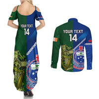 Custom Samoa And Ireland Rugby Couples Matching Summer Maxi Dress and Long Sleeve Button Shirts 2023 World Cup Manu Samoa With Shamrocks LT14 - Polynesian Pride