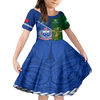 Custom Samoa And Ireland Rugby Family Matching Puletasi Dress and Hawaiian Shirt 2023 World Cup Manu Samoa With Shamrocks LT14 Daughter's Dress Blue - Polynesian Pride