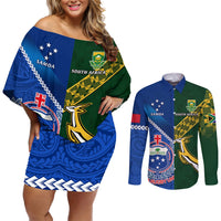 Samoa And South Africa Rugby Couples Matching Off Shoulder Short Dress and Long Sleeve Button Shirts 2023 World Cup Manu Samoa With Springboks LT14 Blue - Polynesian Pride