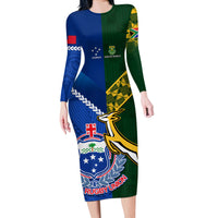 Custom Samoa And South Africa Rugby Long Sleeve Bodycon Dress 2023 World Cup Manu Samoa With Springboks LT14 Long Dress Blue - Polynesian Pride