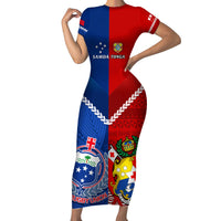 Samoa And Tonga Rugby Family Matching Short Sleeve Bodycon Dress and Hawaiian Shirt 2023 World Cup Manu Samoa With Ikale Tahi LT14 Mom's Dress Blue - Polynesian Pride