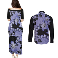 Purple Hawaii Couples Matching Puletasi Dress and Long Sleeve Button Shirt Tapa Cloth Mix Tropical Flowers Pastel Vibes LT14 - Polynesian Pride