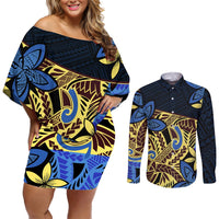 Polynesia Fabric Couples Matching Off Shoulder Short Dress and Long Sleeve Button Shirt Polynesian Tribal With Frangipani Flowers LT14 Blue - Polynesian Pride