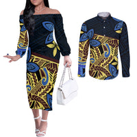 Polynesia Fabric Couples Matching Off The Shoulder Long Sleeve Dress and Long Sleeve Button Shirt Polynesian Tribal With Frangipani Flowers LT14 Blue - Polynesian Pride