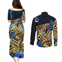 Polynesia Fabric Couples Matching Puletasi Dress and Long Sleeve Button Shirt Polynesian Tribal With Frangipani Flowers LT14 - Polynesian Pride