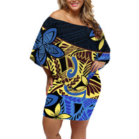 Polynesia Fabric Family Matching Off Shoulder Short Dress and Hawaiian Shirt Polynesian Tribal With Frangipani Flowers LT14 Mom's Dress Blue - Polynesian Pride