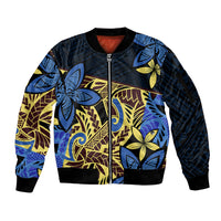 Polynesia Fabric Sleeve Zip Bomber Jacket Polynesian Tribal With Frangipani Flowers LT14 Unisex Blue - Polynesian Pride
