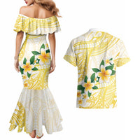 Gold And White Polynesia Plumeria Couples Matching Mermaid Dress and Hawaiian Shirt Curves Tropical Vibes