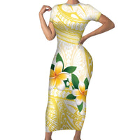Gold And White Polynesia Plumeria Short Sleeve Bodycon Dress Curves Tropical Vibes LT14 Long Dress Gold - Polynesian Pride