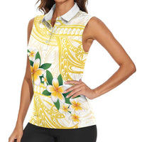 Gold And White Polynesia Plumeria Women Sleeveless Polo Shirt Curves Tropical Vibes