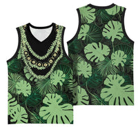 Green Hawaii Kukui Nut Lei Basketball Jersey Hawaiian Pattern Monstera Tropical Vibes - Polynesian Pride