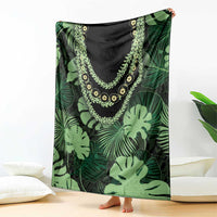 Green Hawaii Kukui Nut Lei Blanket Hawaiian Pattern Monstera Tropical Vibes - Polynesian Pride