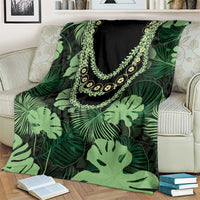 Green Hawaii Kukui Nut Lei Blanket Hawaiian Pattern Monstera Tropical Vibes - Polynesian Pride