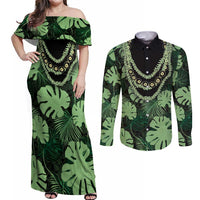 Green Hawaii Kukui Nut Lei Couples Matching Off Shoulder Maxi Dress and Long Sleeve Button Shirt Hawaiian Pattern Monstera Tropical Vibes - Polynesian Pride