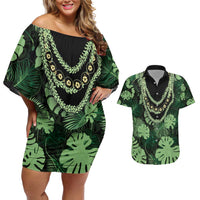 Green Hawaii Kukui Nut Lei Couples Matching Off Shoulder Short Dress and Hawaiian Shirt Hawaiian Pattern Monstera Tropical Vibes - Polynesian Pride