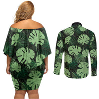 Green Hawaii Kukui Nut Lei Couples Matching Off Shoulder Short Dress and Long Sleeve Button Shirt Hawaiian Pattern Monstera Tropical Vibes - Polynesian Pride
