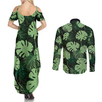 Green Hawaii Kukui Nut Lei Couples Matching Summer Maxi Dress and Long Sleeve Button Shirt Hawaiian Pattern Monstera Tropical Vibes - Polynesian Pride