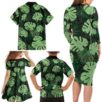 Green Hawaii Kukui Nut Lei Family Matching Long Sleeve Bodycon Dress and Hawaiian Shirt Hawaiian Pattern Monstera Tropical Vibes - Polynesian Pride