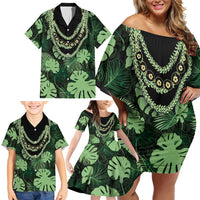 Green Hawaii Kukui Nut Lei Family Matching Off Shoulder Short Dress and Hawaiian Shirt Hawaiian Pattern Monstera Tropical Vibes - Polynesian Pride