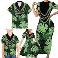 Green Hawaii Kukui Nut Lei Family Matching Short Sleeve Bodycon Dress and Hawaiian Shirt Hawaiian Pattern Monstera Tropical Vibes - Polynesian Pride