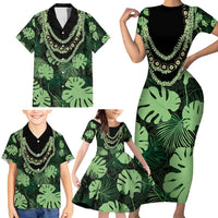 Green Hawaii Kukui Nut Lei Family Matching Short Sleeve Bodycon Dress and Hawaiian Shirt Hawaiian Pattern Monstera Tropical Vibes - Polynesian Pride