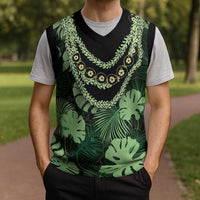 Green Hawaii Kukui Nut Lei Christmas Knitted V-Neck Vest Hawaiian Pattern Monstera Tropical Vibes - Polynesian Pride