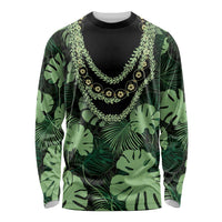 Green Hawaii Kukui Nut Lei Long Sleeve Shirt Hawaiian Pattern Monstera Tropical Vibes - Polynesian Pride