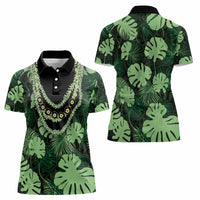 Green Hawaii Kukui Nut Lei Women Polo Shirt Hawaiian Pattern Monstera Tropical Vibes - Polynesian Pride