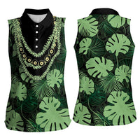 Green Hawaii Kukui Nut Lei Women Sleeveless Polo Shirt Hawaiian Pattern Monstera Tropical Vibes - Polynesian Pride