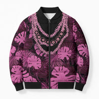 Pink Hawaii Kukui Nut Lei Bomber Puffer Jacket Hawaiian Pattern Monstera Tropical Vibes - Polynesian Pride