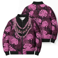 Pink Hawaii Kukui Nut Lei Bomber Puffer Jacket Hawaiian Pattern Monstera Tropical Vibes - Polynesian Pride