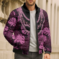 Pink Hawaii Kukui Nut Lei Bomber Puffer Jacket Hawaiian Pattern Monstera Tropical Vibes - Polynesian Pride