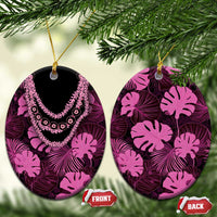 Pink Hawaii Kukui Nut Lei Ceramic Ornament Hawaiian Pattern Monstera Tropical Vibes - Polynesian Pride